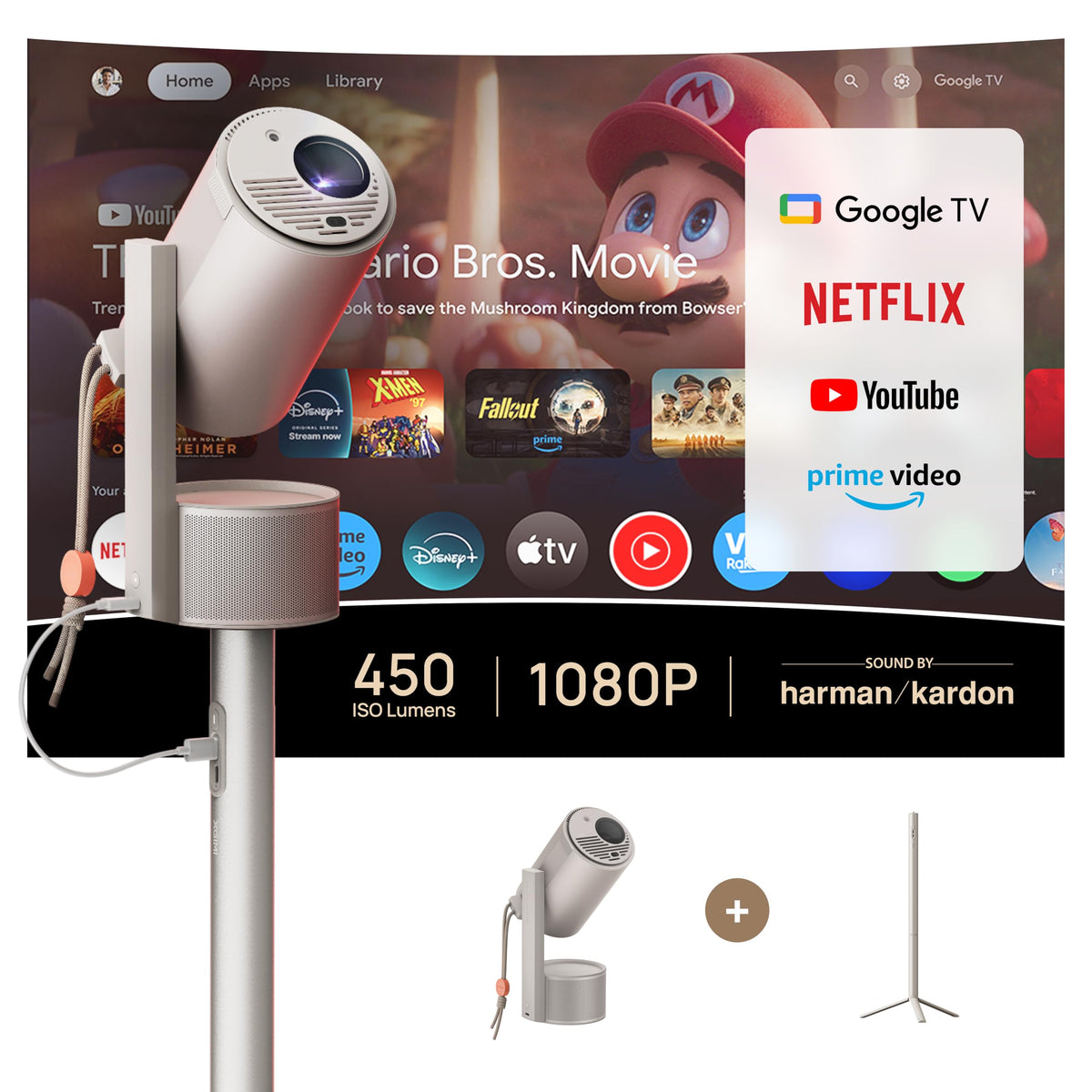 XGIMI MoGo 3 Pro NEW Outdoor Projector with PowerBase Stand, 2.5hrs Battery, Google TV with Licensed Netflix, Build-in Adjustable Stand, 450 ISO