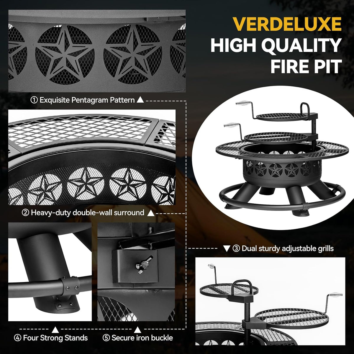 47 Inch Outdoor Fire Pit with 2 Grills, Extra Large BBQ Firepits for Outside, Metal Round Fire pits with Lid&Fire Poker,3 in 1 Wood Burning Outdoor
