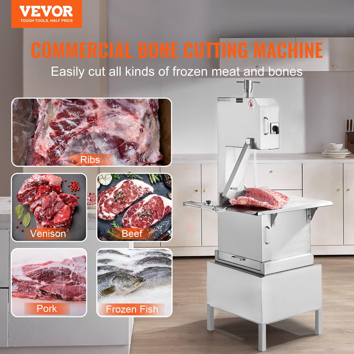 Commercial Electric Meat Bandsaw, 1500W Stainless Steel Countertop Bone Sawing Machine, Workbeach 19.3" x 15", 0.16-7.9 Inch Cutting Thickness