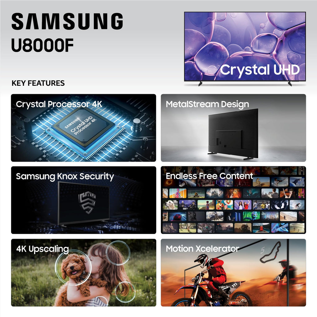 Samsung 43-Inch Class Crystal UHD U8000F 4K Smart TV (2025 Model) Endless Free Content, Crystal Processor 4K, MetalStream Design, Knox Security