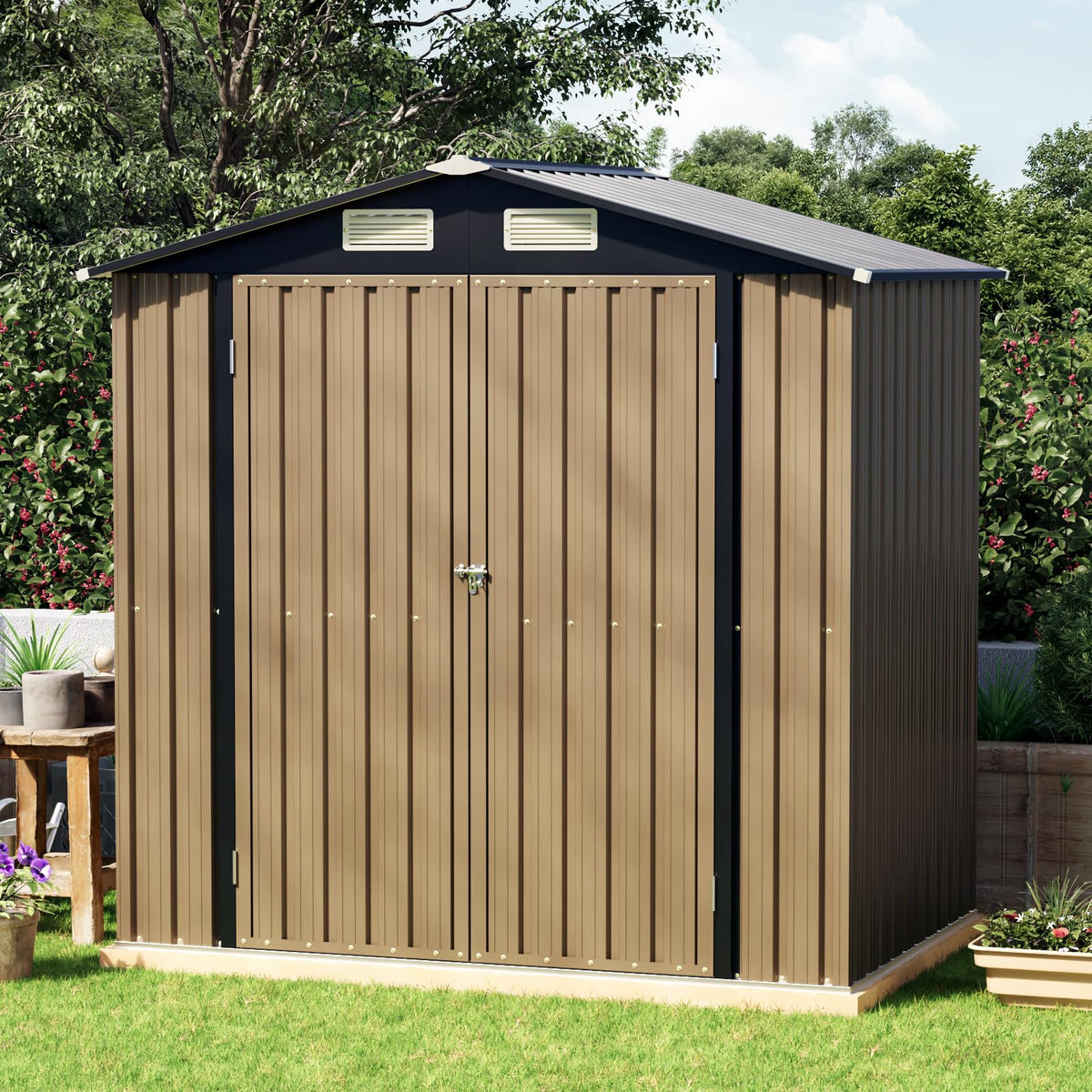 10x10 FT Outdoor Metal Storage Shed, Double Swing Doors, 2 Clear Windows,Tool Shed for Garden, Patio, Backyard Nightblue