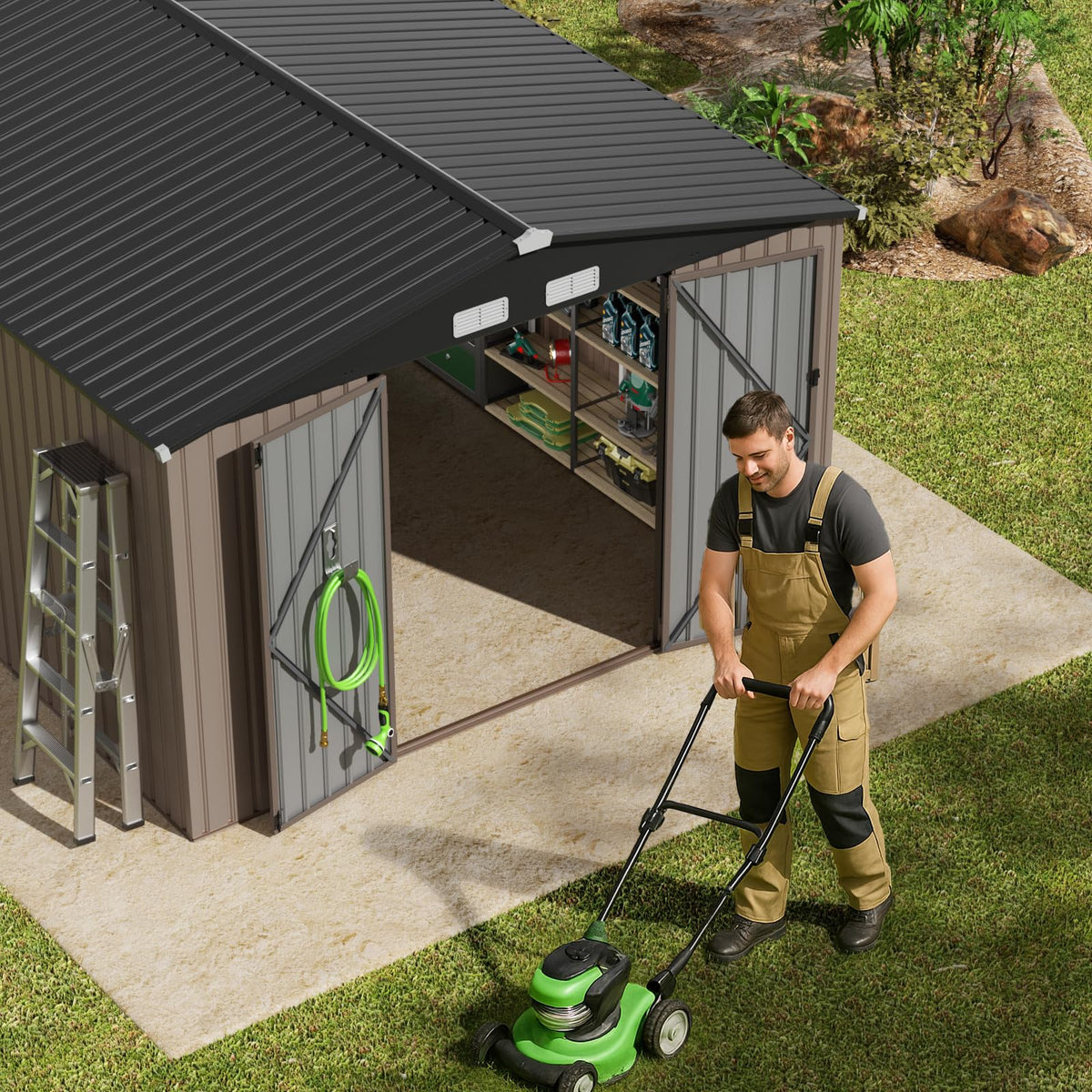 GVDV 10x14 FT Outdoor Metal Storage Shed, Durable Garden Shed with Updated Frame Structure for Backyard, Patio, Tool Storage, All-Weather Shelter for