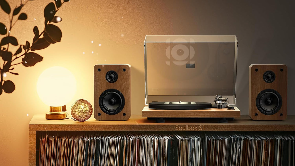 SoulBox S1 Vinyl Record Player with Stereo Speakers, Turntable with Built-in Preamp, S-Shaped Tonearm, 33/45 RPM - Walnut