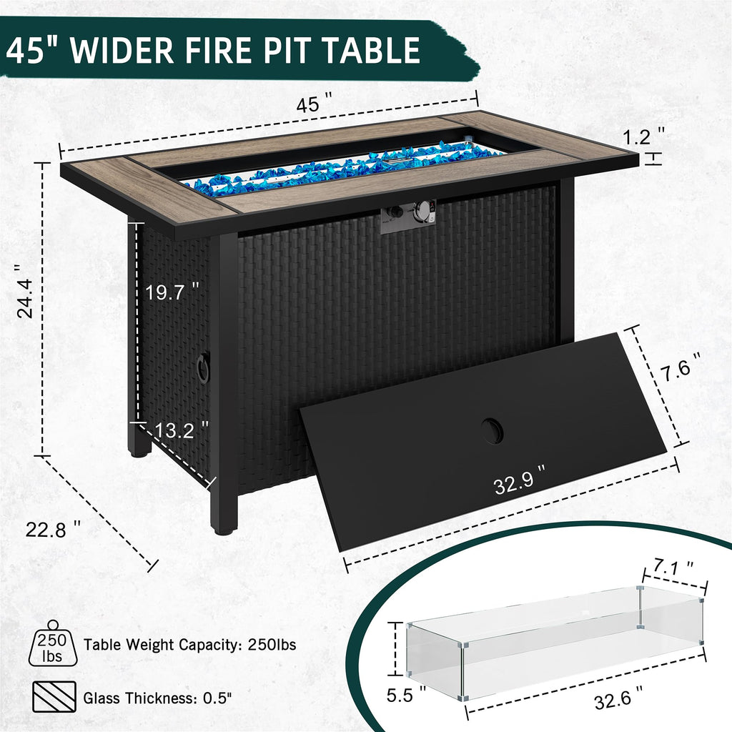 45 inch Gas Fire Pit Table, Patio Outdoor Propane Fire Pits with Removable Lid & Waterproof Cover, 50000 BTU with Lava Rock and Alumium Frame Tables