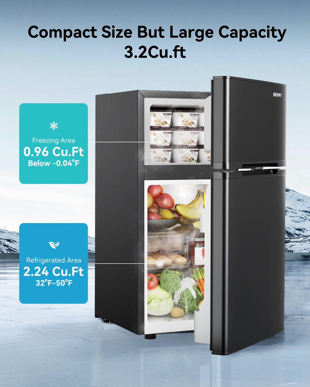 EUHOMY 3.2 Cu.Ft. Refrigerator with Freezer, 2 Door Fridge, Adjustable ThermostatLarge Capacity, Refrigerator for Kitchen/Dorm/Office/Apartment