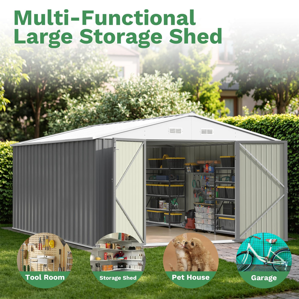Patiowell 10 x 12 FT Metal Storage Shed for Outdoor, Steel Yard Shed with Design of Lockable Doors, Utility and Tool Storage for Garden, Backyard