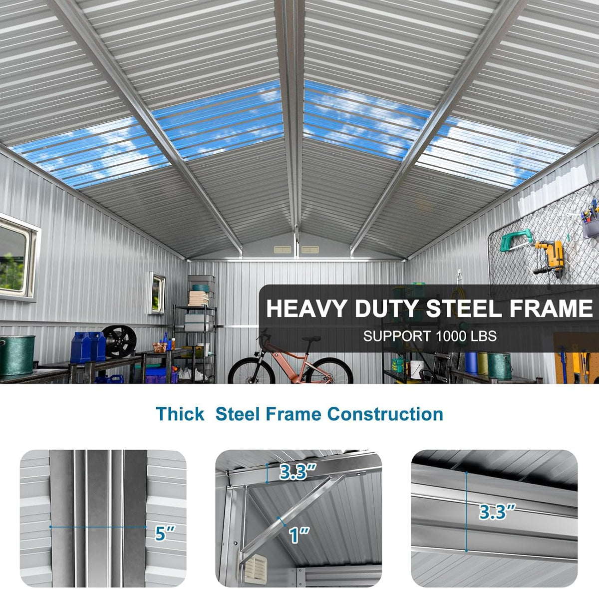 10x12 FT Metal Outdoor Storaged Shed with Floor Base Waterproof Heavy Duty Reinforced Frame with Unique Clear Roof Skyview Windows Air Vent for