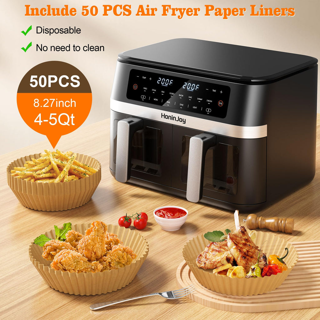 12QT Large Dual Basket Air Fryer with Viewing Window and 50pcs Paper Liners, 10-in-1 Digital Touchscreen Double Zone Air Fryers, SyncCook to Bake