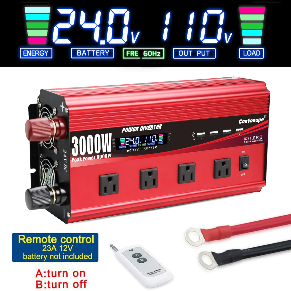 4000W Power Inverter 12V to 110V/120V DC to AC with LCD Display, Remote Controller 5 x AC Outlets and 4 x 3.1A USB Car Adapter for Car Truck Boat RV