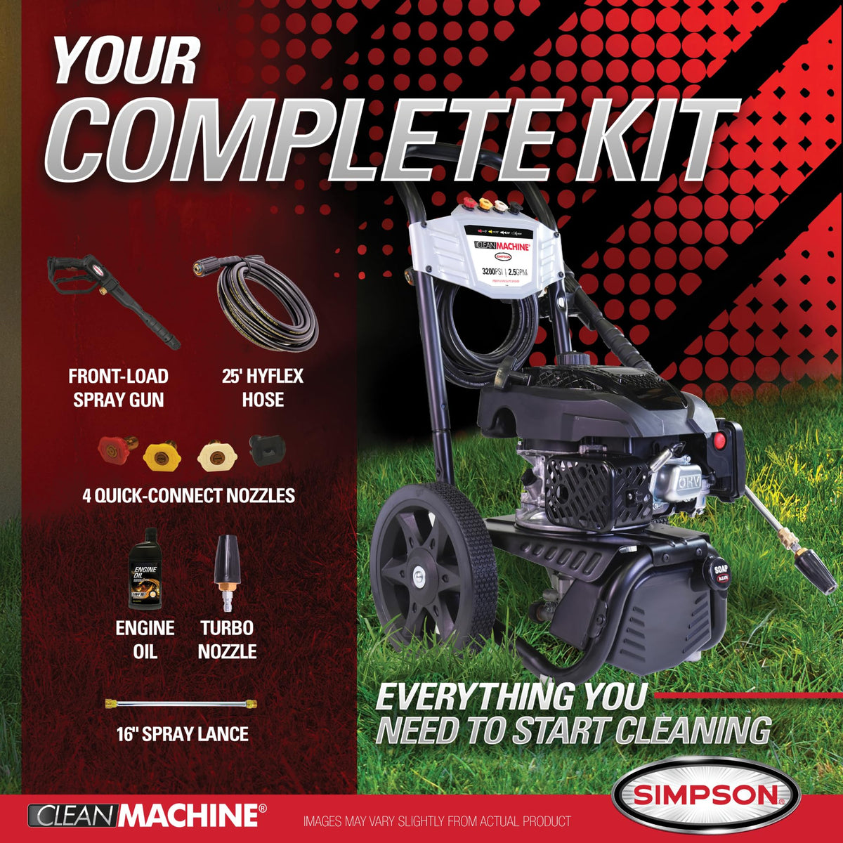 Simpson 3400 PSI Gas Pressure Washer, 2.5 GPM Residential Power Washer, Cold Water, 25' Hose, Clean Machine, 49-State Compliant (CM61083)