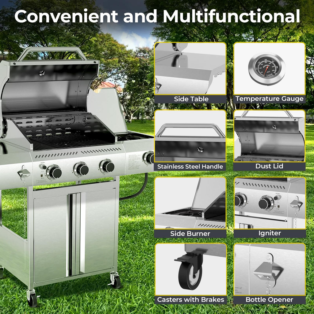 R.W.FLAME 3-Burner Propane Gas Grill With Sider Burner, Stainless Steel Propane Grill 34,000BTU, Multifunction & Protable Outdoor Barbecue Grill with