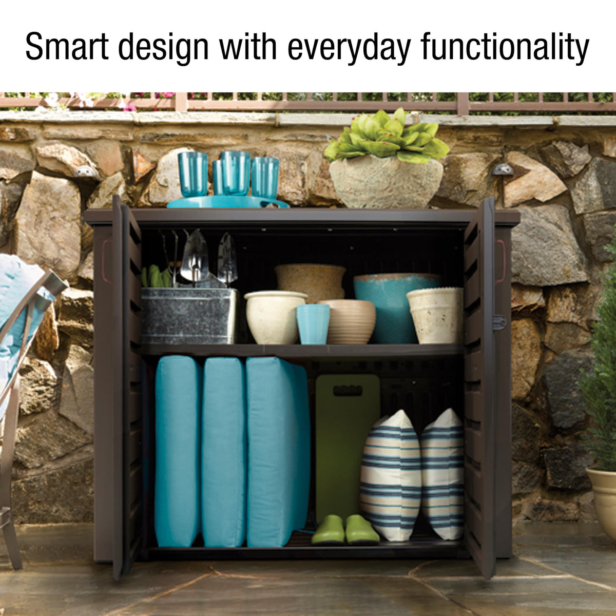 Rubbermaid Decorative Outdoor Storage Cabinet (123 Gal), Weather Resistant, Brown, Organization for Home/Backyard/Pool Chemicals/Toys/Garden Tools