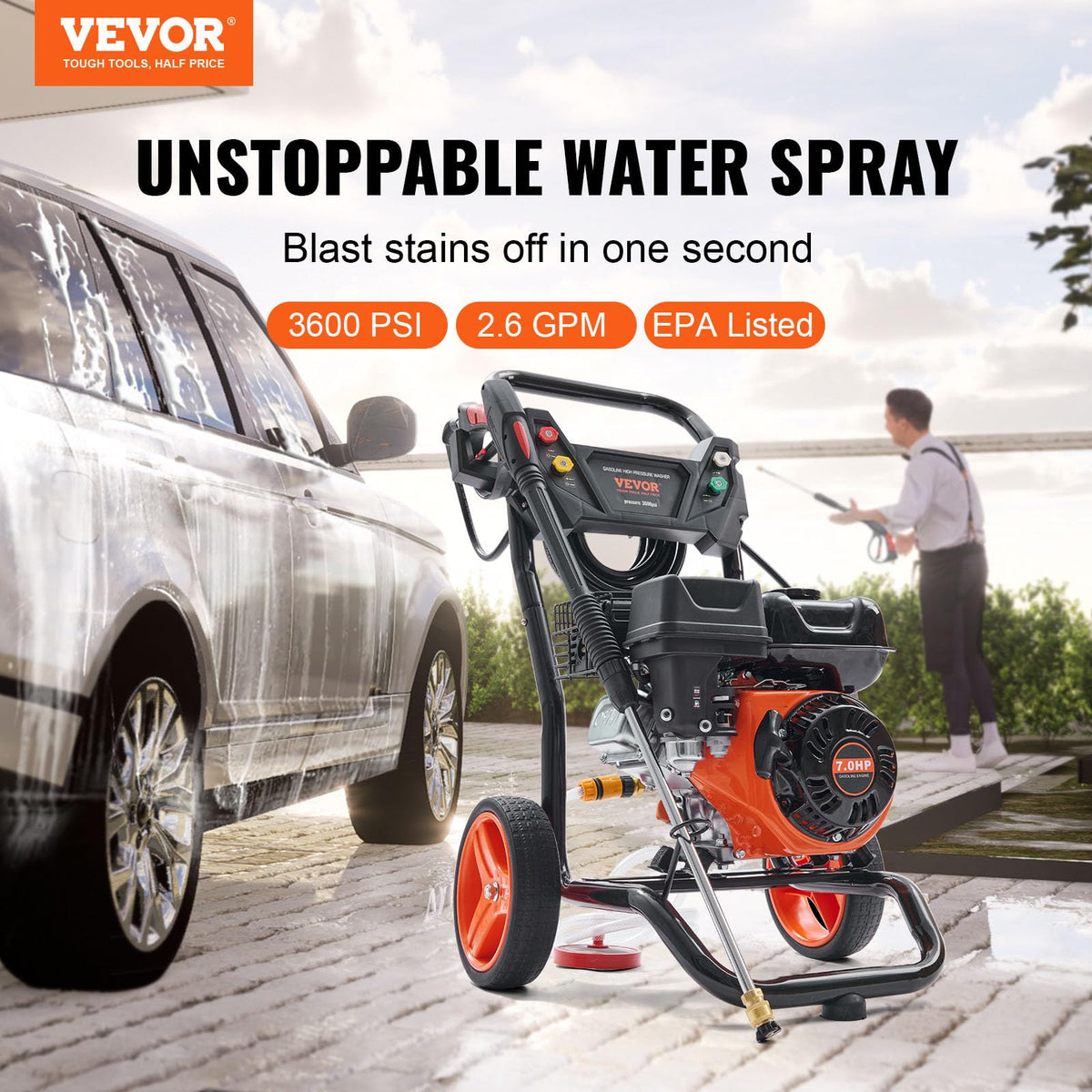 VEVOR Gas Powered Pressure Washer 3400 PSI 2.6 GPM, with Spray Gun and Extension Wand, 5 Quick Connect Nozzles, Copper Pump