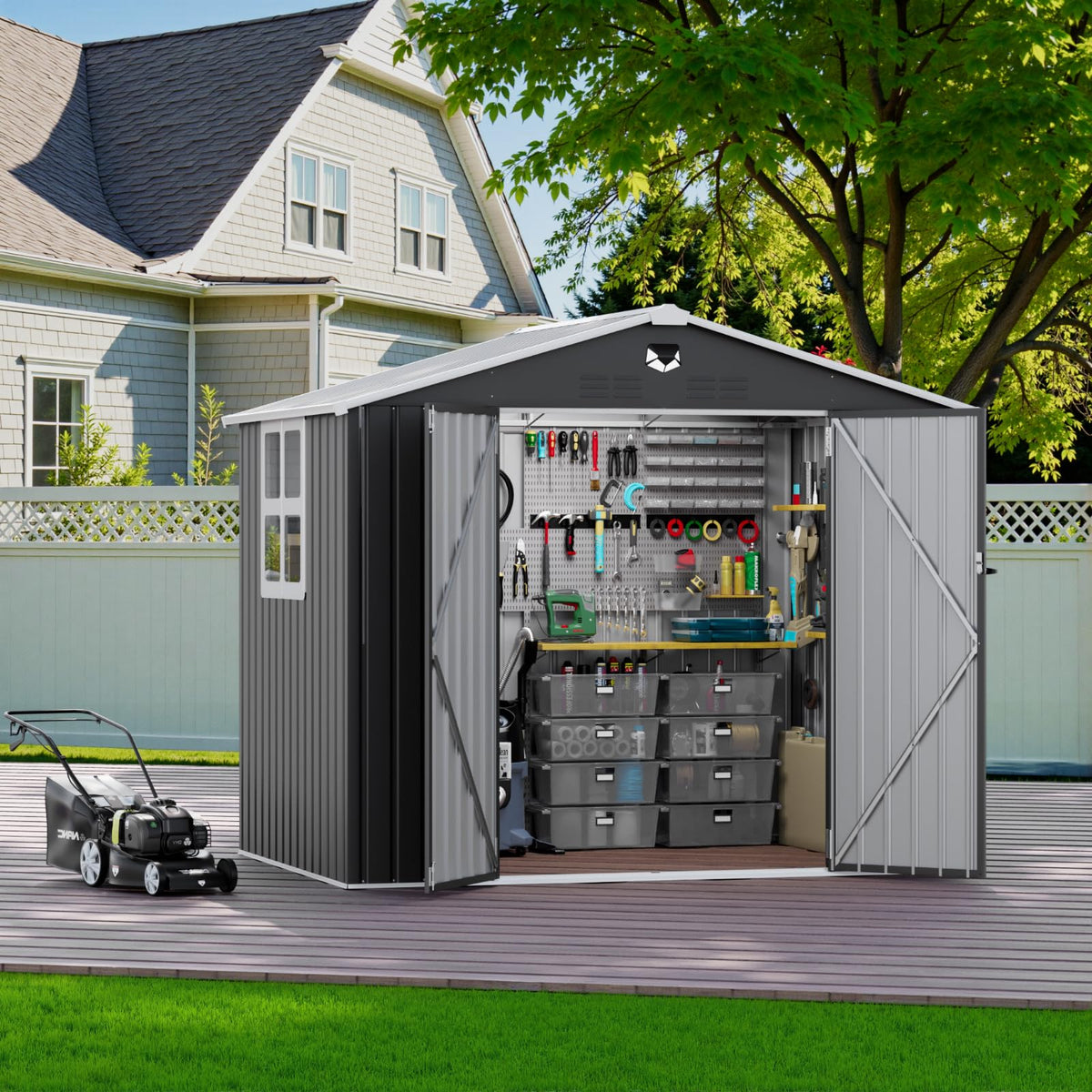 10x12 FT Outdoor Storage Shed, Metal Garden Shed - Tool Storage Sheds with Lockable Doors & 1 Clear Window, Waterproof Outside Storage Building for