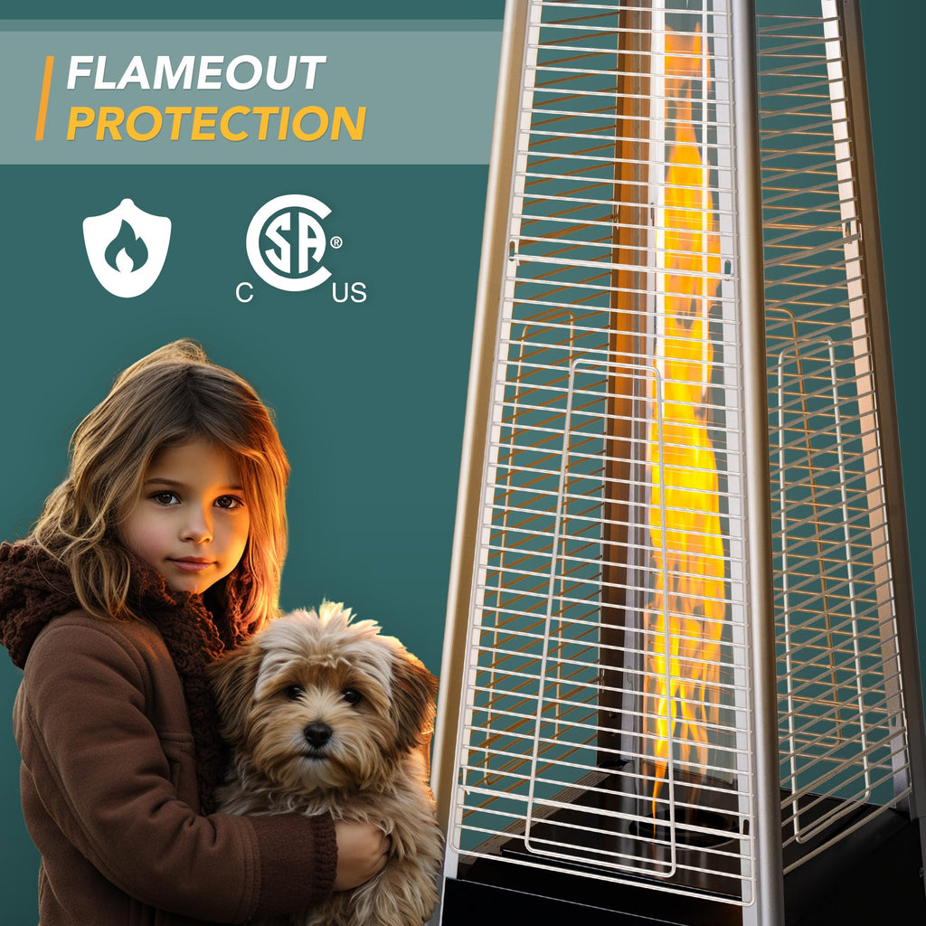 PAMAPIC Patio Heater, 42,000 BTU Quartz Glass Tube Brown Tower Propane Outdoor Heater with Cover