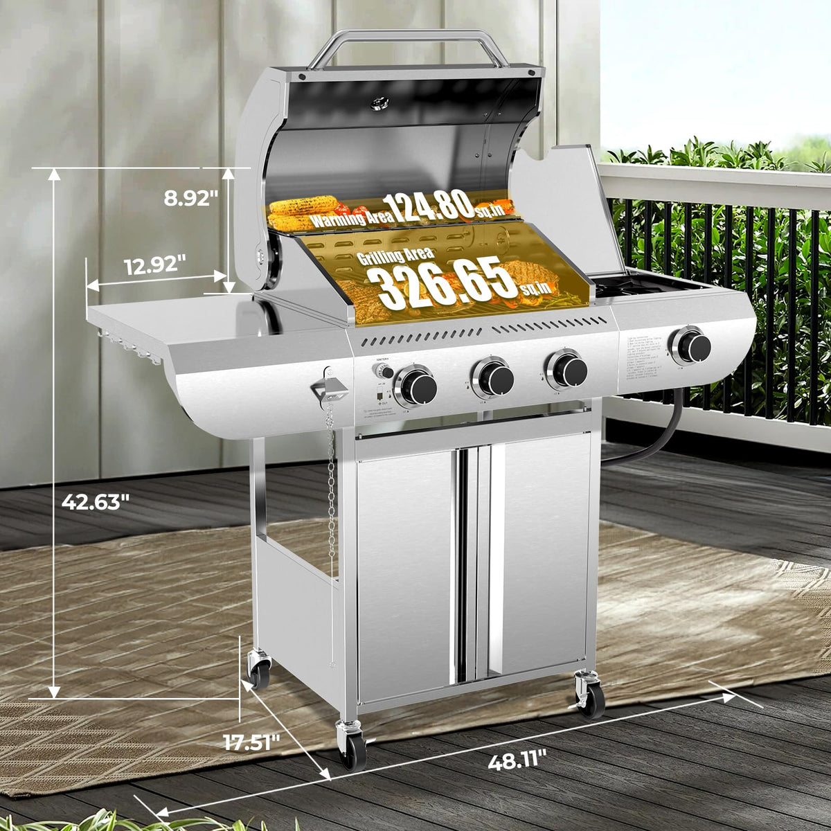 R.W.FLAME 3-Burner Propane Gas Grill With Sider Burner, Stainless Steel Propane Grill 34,000BTU, Multifunction & Protable Outdoor Barbecue Grill with