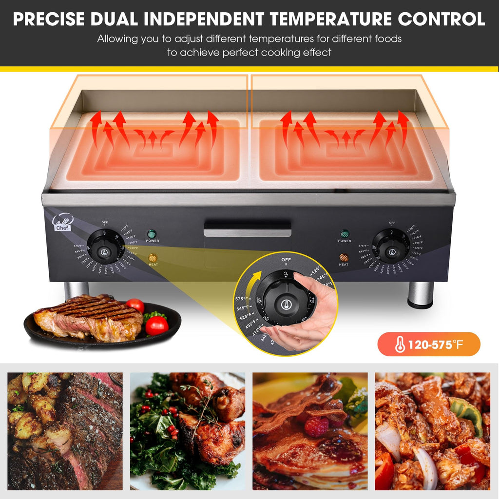 WeChef 24" Commercial Griddle 3500W Electric Countertop Griddle Non-Stick Flat Stainless Steel Adjustable Restaurant Grill Temperature Control 122 to