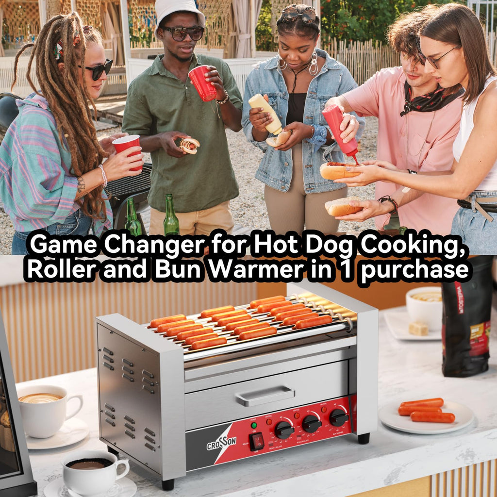 CROSSON 12 Hot Dog 5 Roller Grill Machine with Transparent Sneeze Guard,5 Nonstick 304SS Rollers Commercial Hot Dog Cooker Machine-120V, 750W
