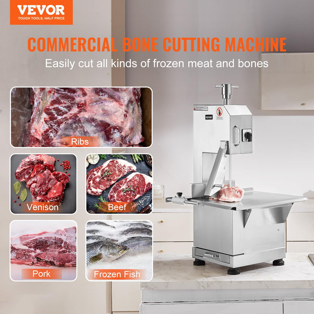 Commercial Electric Meat Bandsaw, 1500W Stainless Steel Countertop Bone Sawing Machine, Workbeach 19.3" x 15", 0.16-7.9 Inch Cutting Thickness