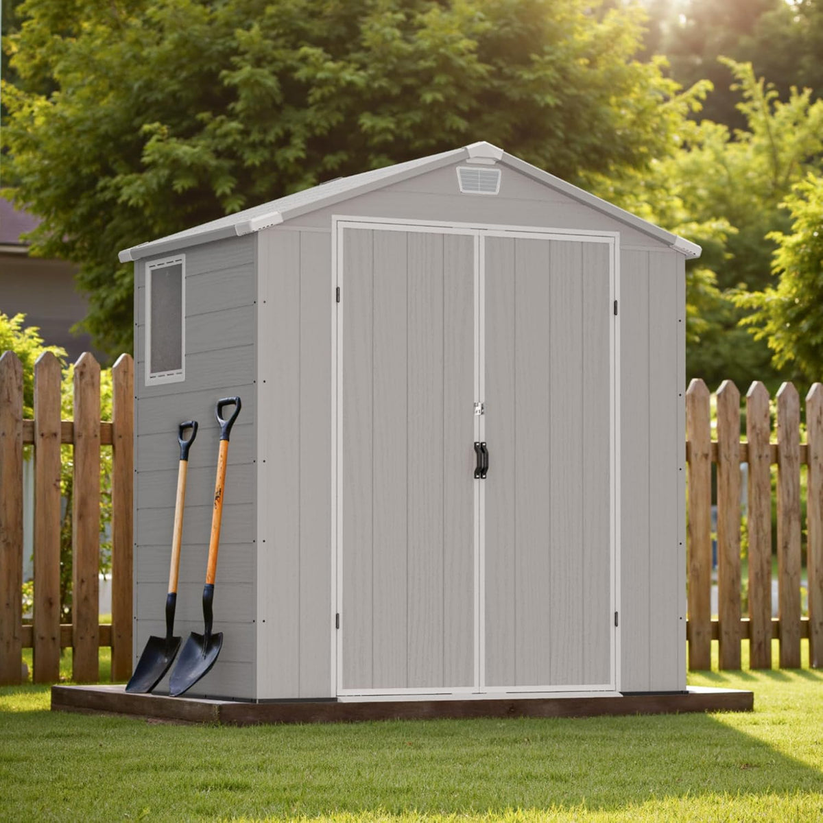 Greesum 6x4FT Plastic Outdoor Storage Shed with Floor, Resin Sheds with Lockable Double Door, All-Weather Tool Sheds with Window and Vents, for