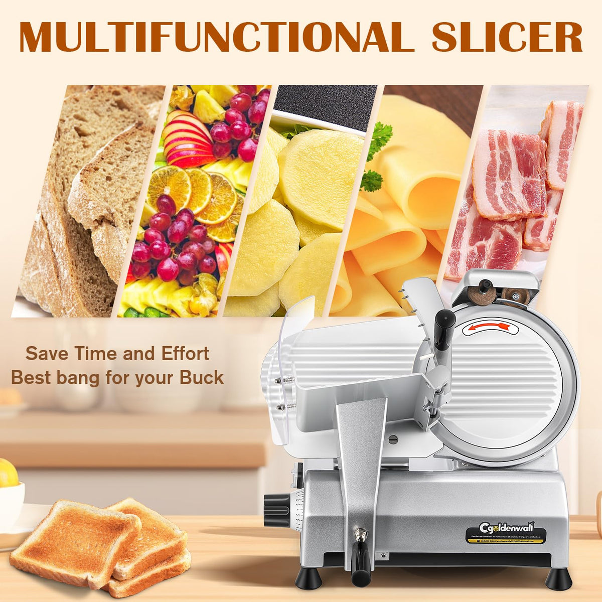 CGOLDENWALL Meat Slicer Machine, 10" 240W Electric Deli Meat Cheese Food Slicer, 0-1/2" Adjustable Thickness Semi-Auto Frozen Meat Slicer for Home &