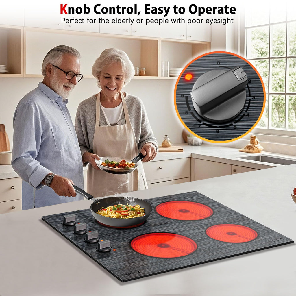 Karinear Electric Cooktop 24 Inch, 4 Burners Electric Stove Knob Control, Built-in Ceramic Cooktop with Beautiful Woodgrain Pattern Glass Surface