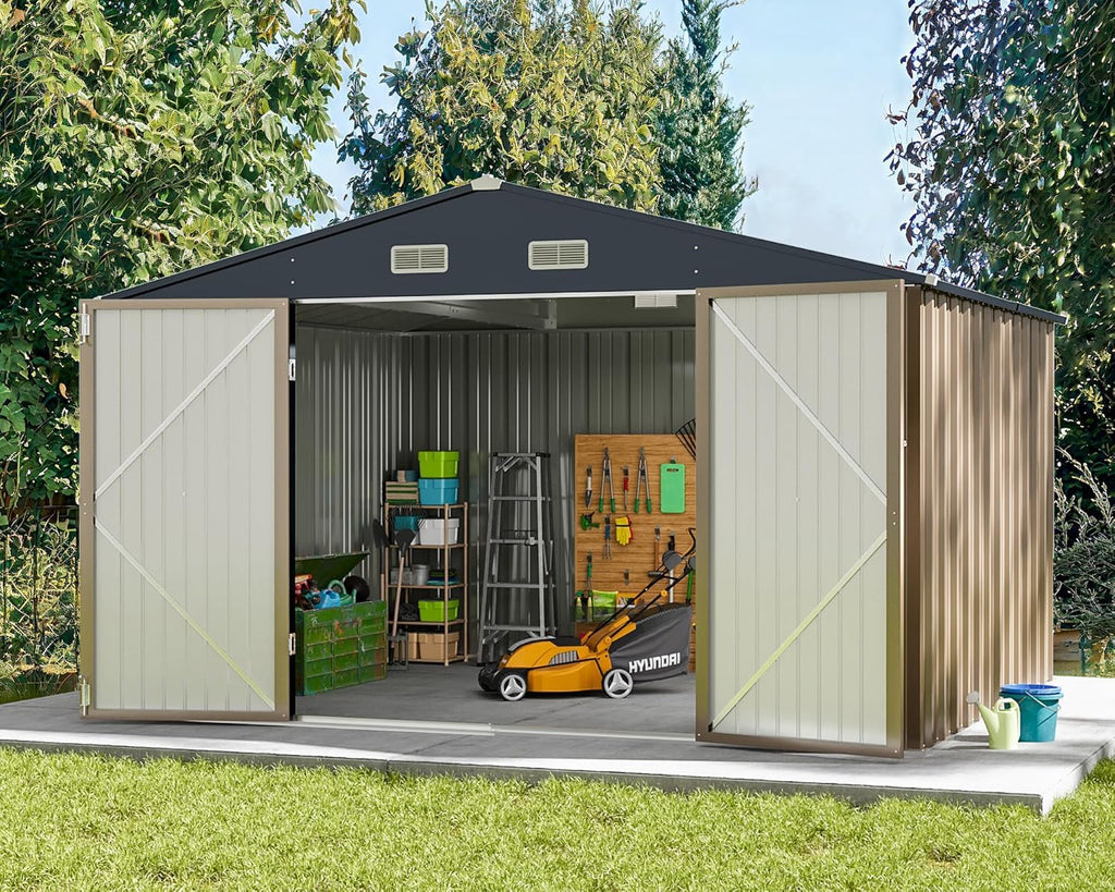 Greesum Outdoor Storage Shed 6 x 8 ft. Utility Tool Shed Metal Storage Garden Shed with Door & Lock for Patio Storage, Brown