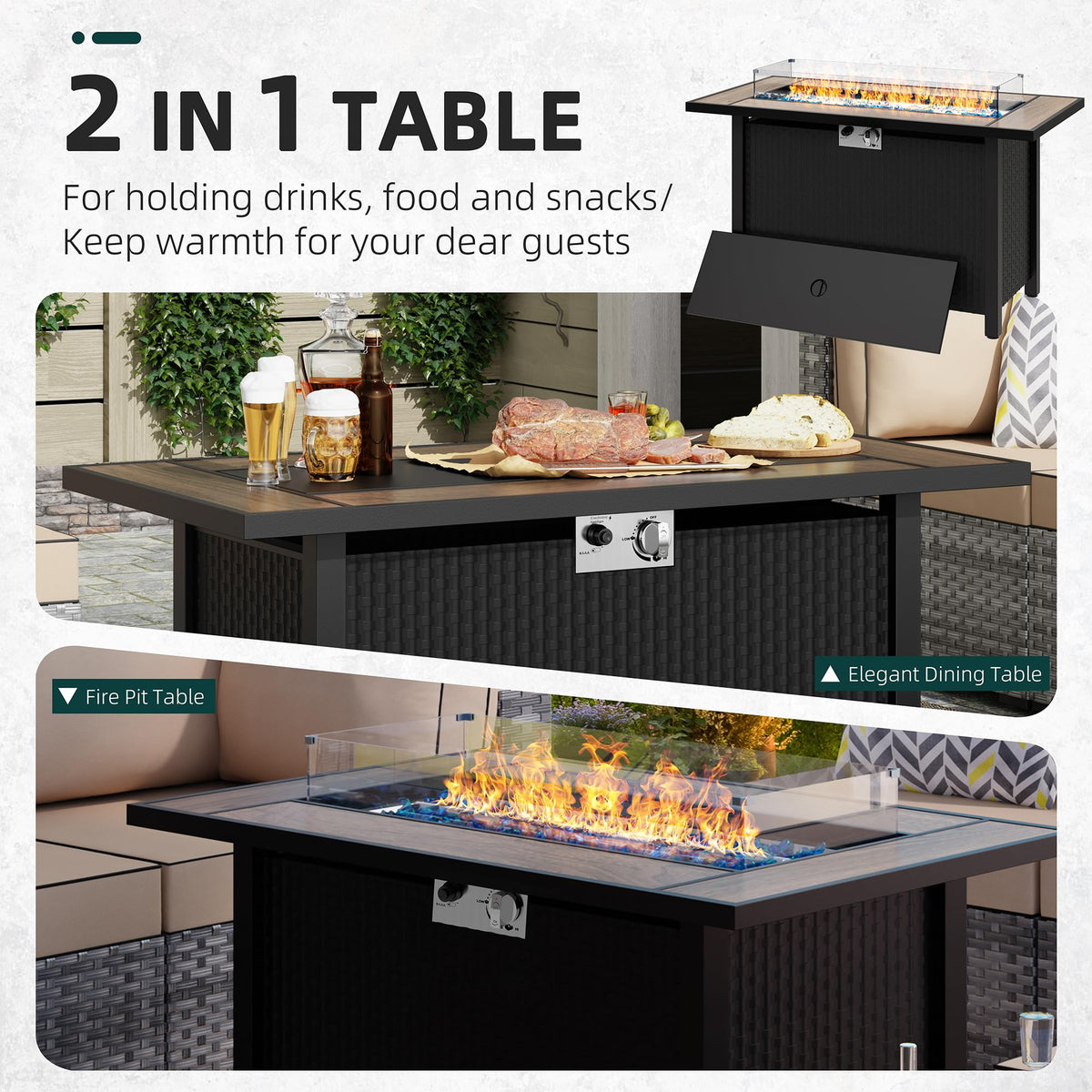 45 inch Gas Fire Pit Table, Patio Outdoor Propane Fire Pits with Removable Lid & Waterproof Cover, 50000 BTU with Lava Rock and Alumium Frame Tables