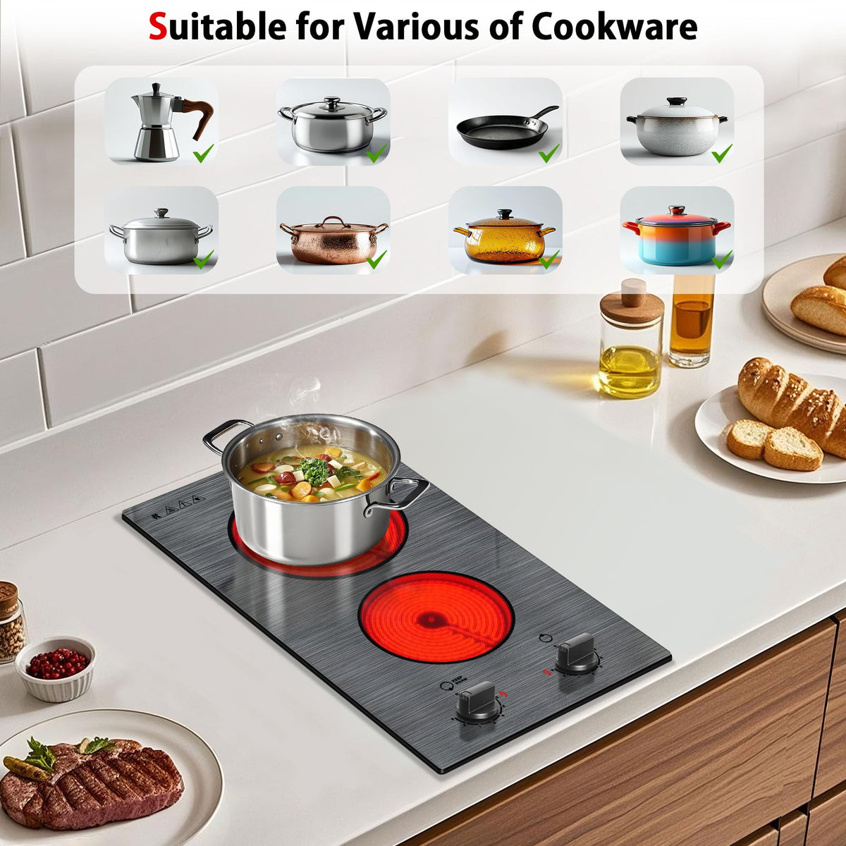 Karinear Electric Cooktop 24 Inch, 4 Burners Electric Stove Knob Control, Built-in Ceramic Cooktop with Beautiful Woodgrain Pattern Glass Surface