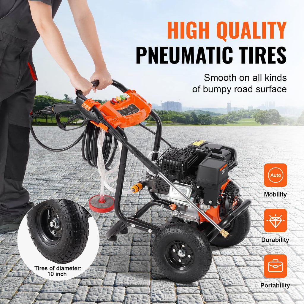 VEVOR Gas Powered Pressure Washer 3400 PSI 2.6 GPM, with Spray Gun and Extension Wand, 5 Quick Connect Nozzles, Copper Pump