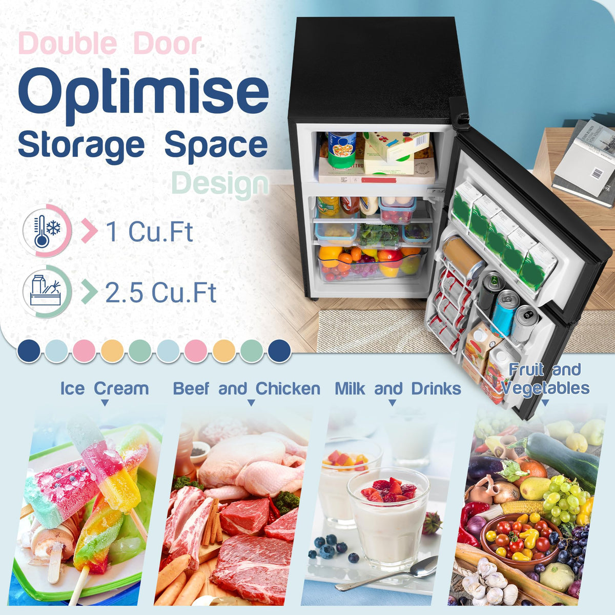 Double Door Refrigerator with Freezer, 3.5 Cu.Ft, Small Fridge with Freezer, 7 Settings Temperature Adjustable, Mini Refrigerator for Office Dorm