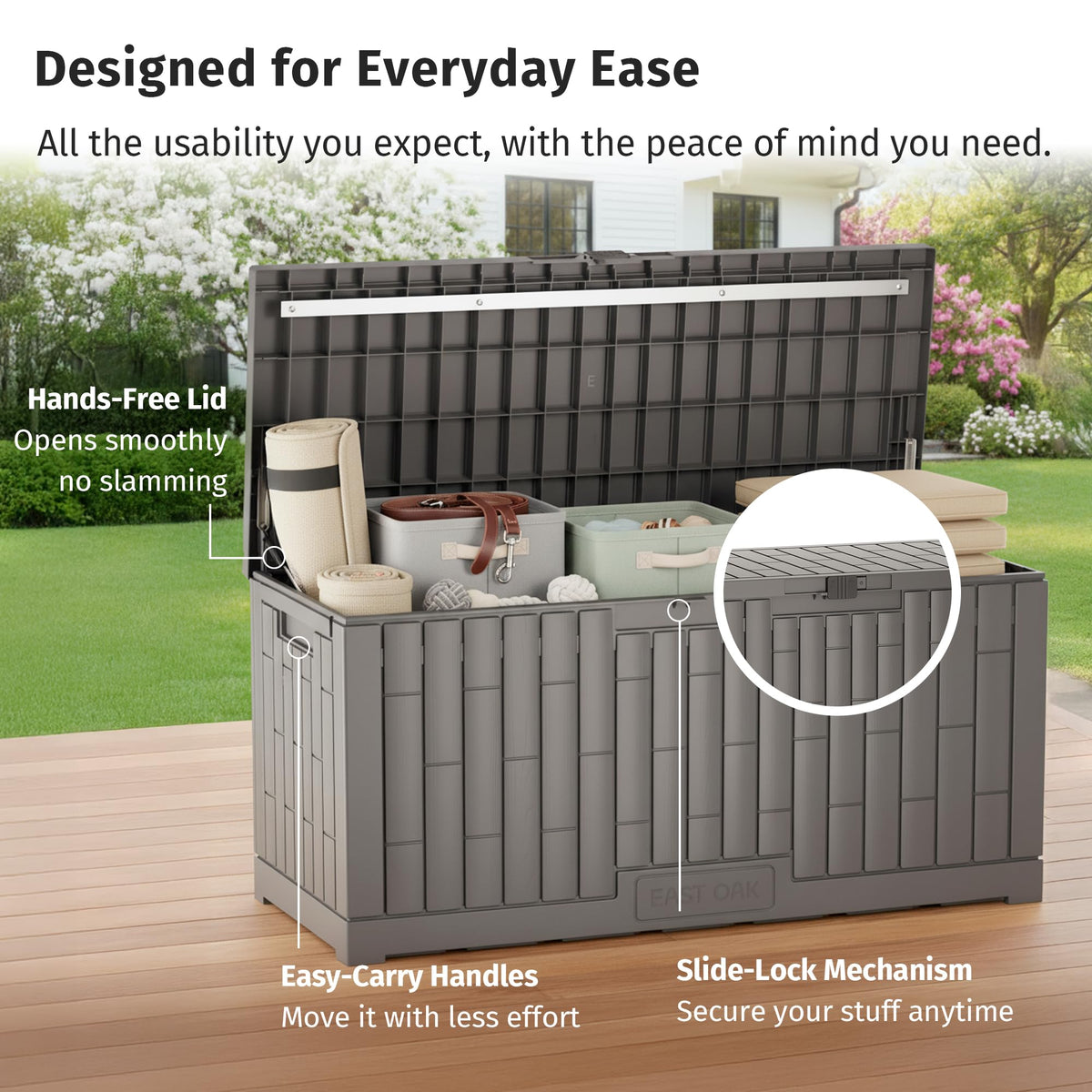 EAST OAK Outdoor Storage Box, 180 Gallon Deck Box, Large Resin Storage Bin for Patio Cushions, Gardening Tools, Lockable, Waterproof and UV Resistant