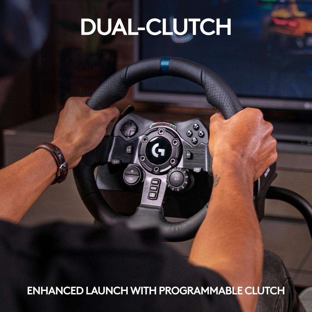 Logitech G923 Racing Wheel and Pedals, TRUEFORCE up to 1000 Hz Force Feedback, Gaming Steering Wheel PS5, PS4, PC, Mac, Genuine Leather- Black
