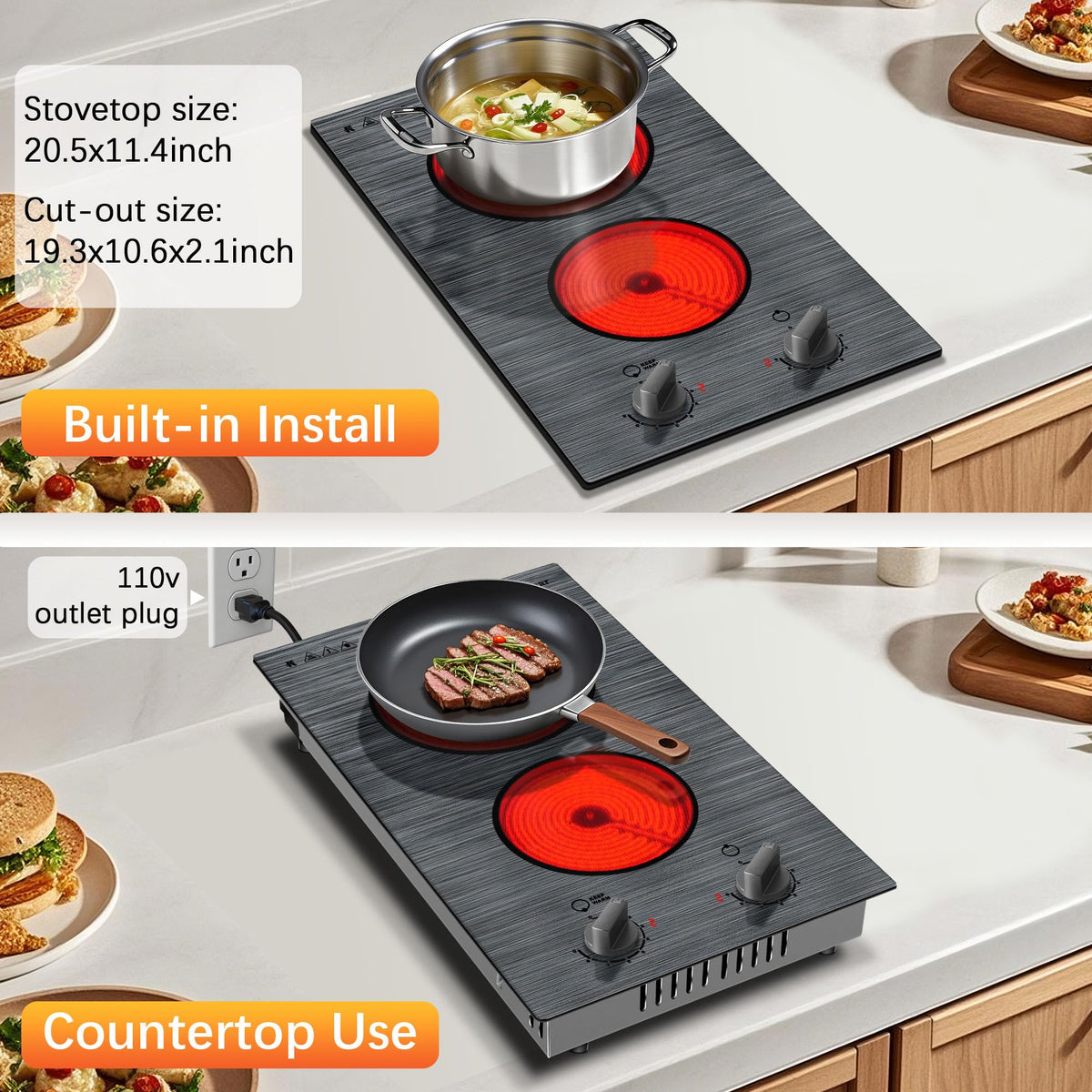 Karinear Electric Cooktop 24 Inch, 4 Burners Electric Stove Knob Control, Built-in Ceramic Cooktop with Beautiful Woodgrain Pattern Glass Surface
