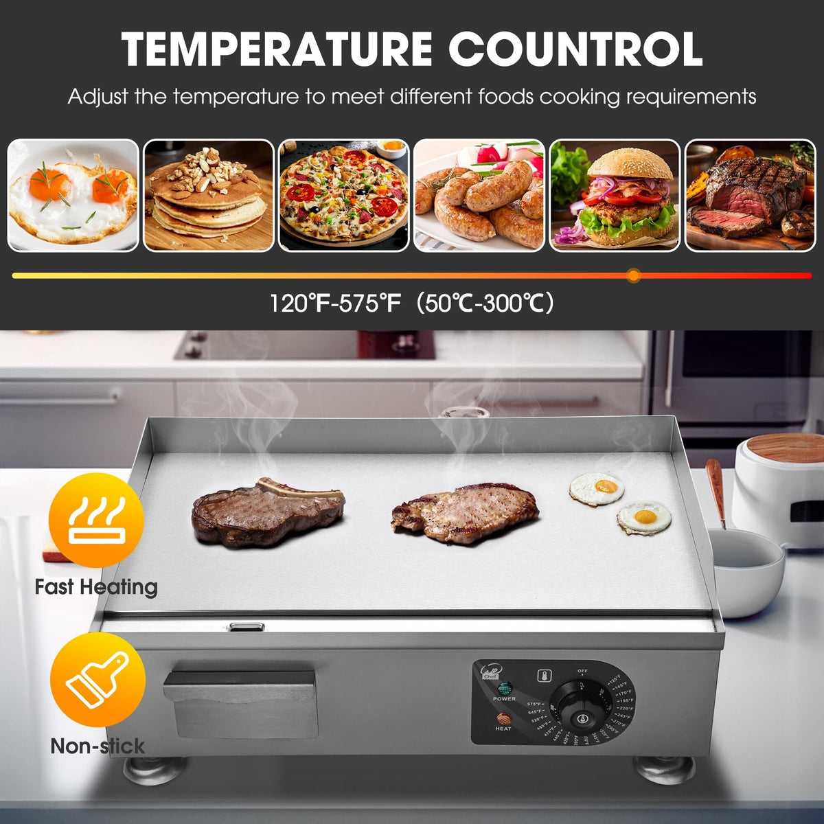 WeChef 24" Commercial Griddle 3500W Electric Countertop Griddle Non-Stick Flat Stainless Steel Adjustable Restaurant Grill Temperature Control 122 to