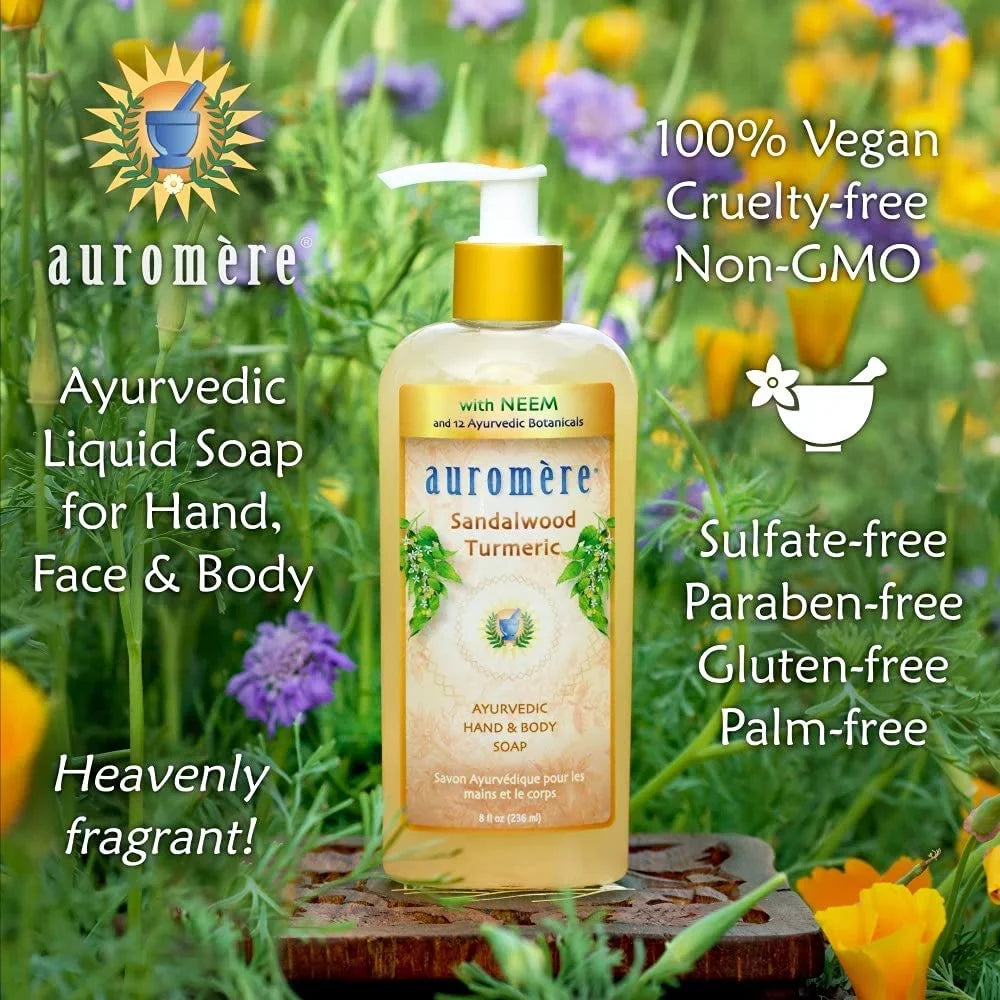 Of Oil, Natural, - (Pack - Ayurvedic Liquid 2). Auromere Soap, Vegan, Cruelty Gmo, Gluten-Free Neem Non Coconut Paraben-Free, Turmeric With And 8Oz Sandalwood Free,