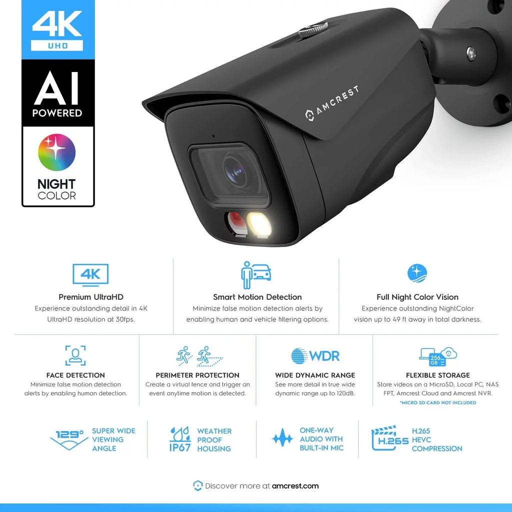 FOV AI 129°, IP8M-2796EB-AI Weatherproof, & Detection, Amcrest Human (3840x2160) Nightvision, Outdoor 49ft @15fps, 4K Camera IP67 Camera, PoE Vehicle UltraHD 8MP Black, IP 4K Security Color