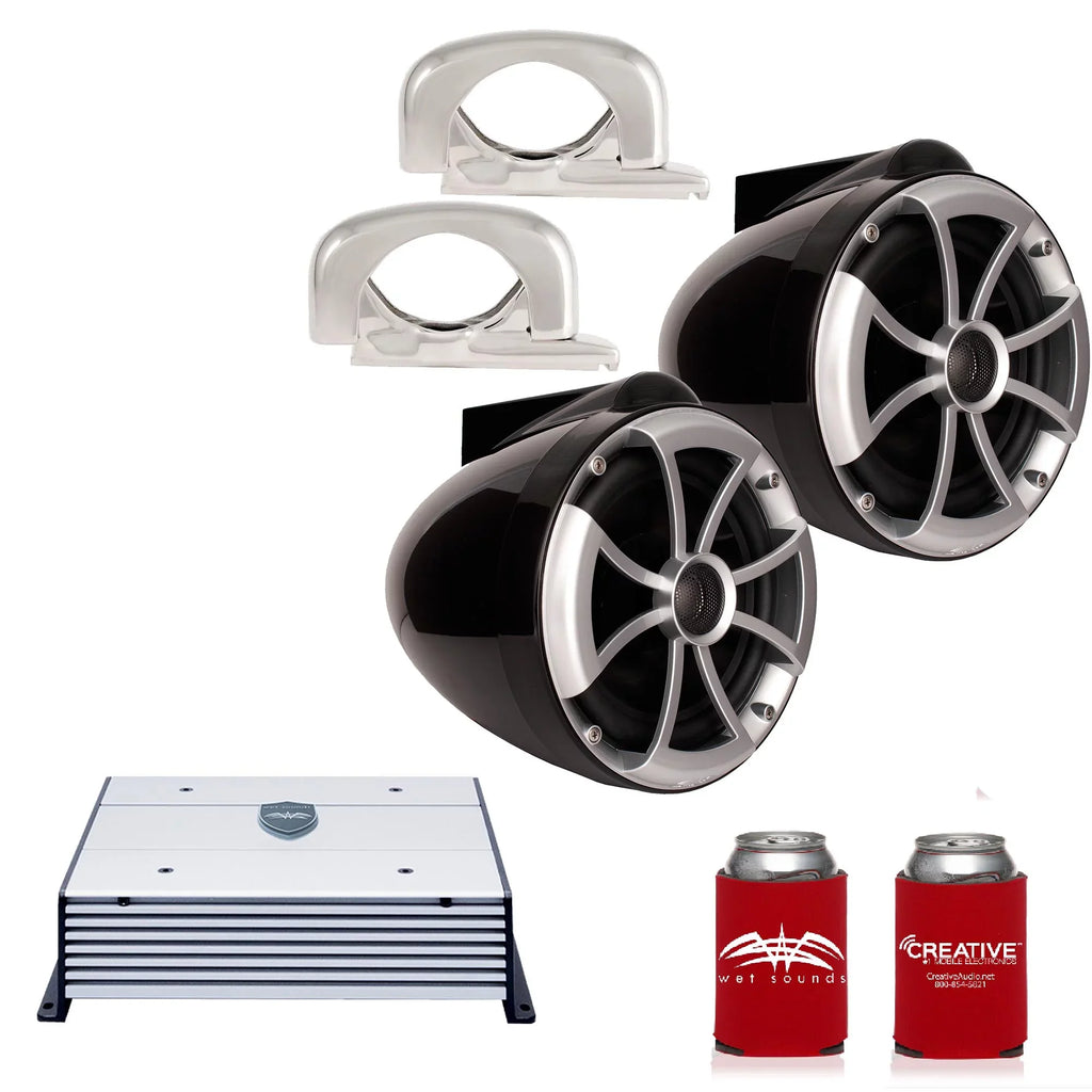 Tower HTX2 & 600 Watt 8" with Steel Sounds Clamps Wet MINI Black Stainless Amplifier Fixed ICON8B-FMINI Speakers
