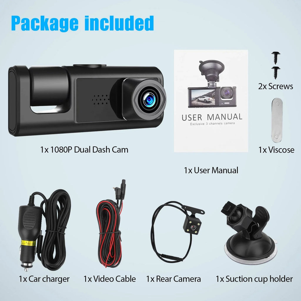 Night Cam Triple IR Camera Inside Dash Rear W/32GB 1080P Front Dual Cam, Dash DVR 3 Camera, Inside Driving TF Recorder, 3 Dashboard Channel Backup G-Sensor Card, Way Car Vision,