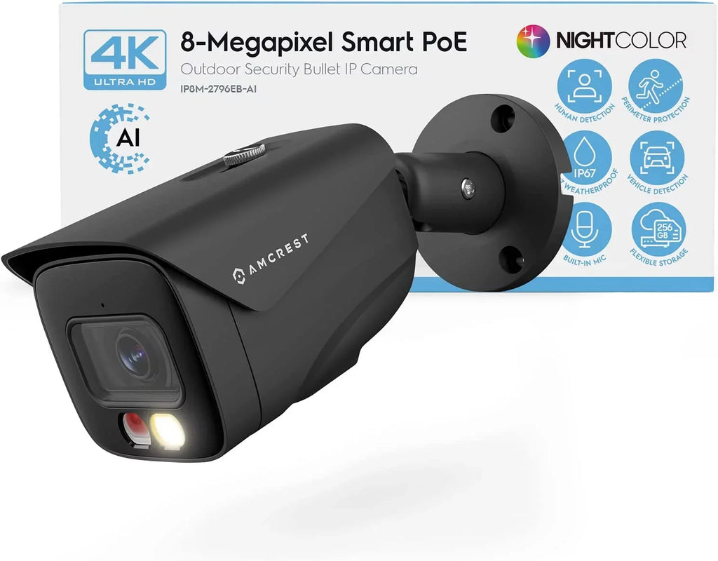 FOV AI 129°, IP8M-2796EB-AI Weatherproof, & Detection, Amcrest Human (3840x2160) Nightvision, Outdoor 49ft @15fps, 4K Camera IP67 Camera, PoE Vehicle UltraHD 8MP Black, IP 4K Security Color