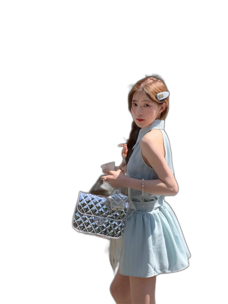 Han Man [In Pei  Sleeveless Short  Mambo Women Tie Waisted Commuter S Oni Pei Neck es Stock]] Halter Mint Deeeefuu