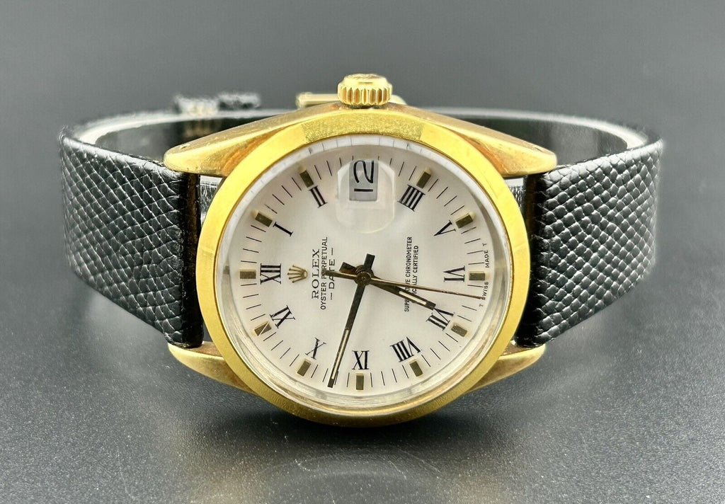 Perpetual 15505 Watch Gold Rolex Date Dial Shell Oyster Vintage White 34mm Men's