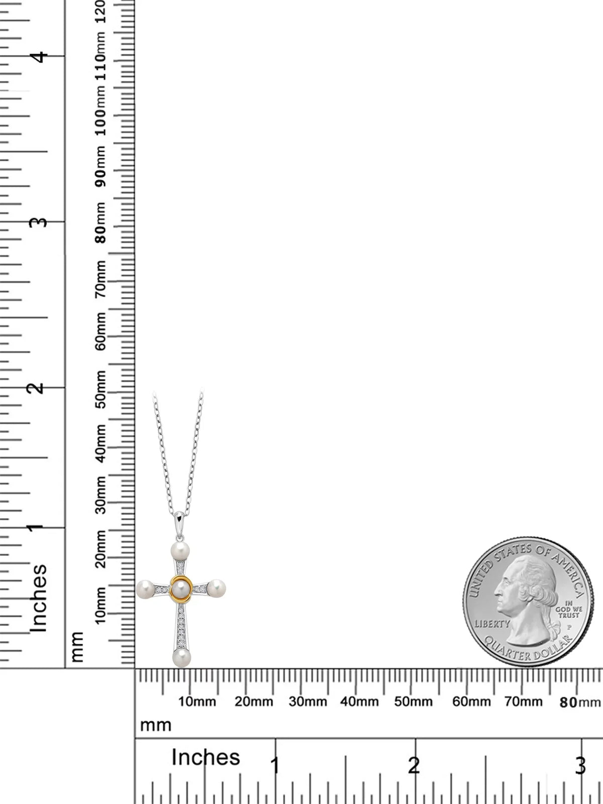 Silver Cross Gold 925 Grown Stone Cultured 18 inch King Necklace 4-4.5MM Cttw, (0.10 Diamond and 10K Women Freshwater Yellow and Pearl Pearls, Gem Round Lab Pendant Chain) for