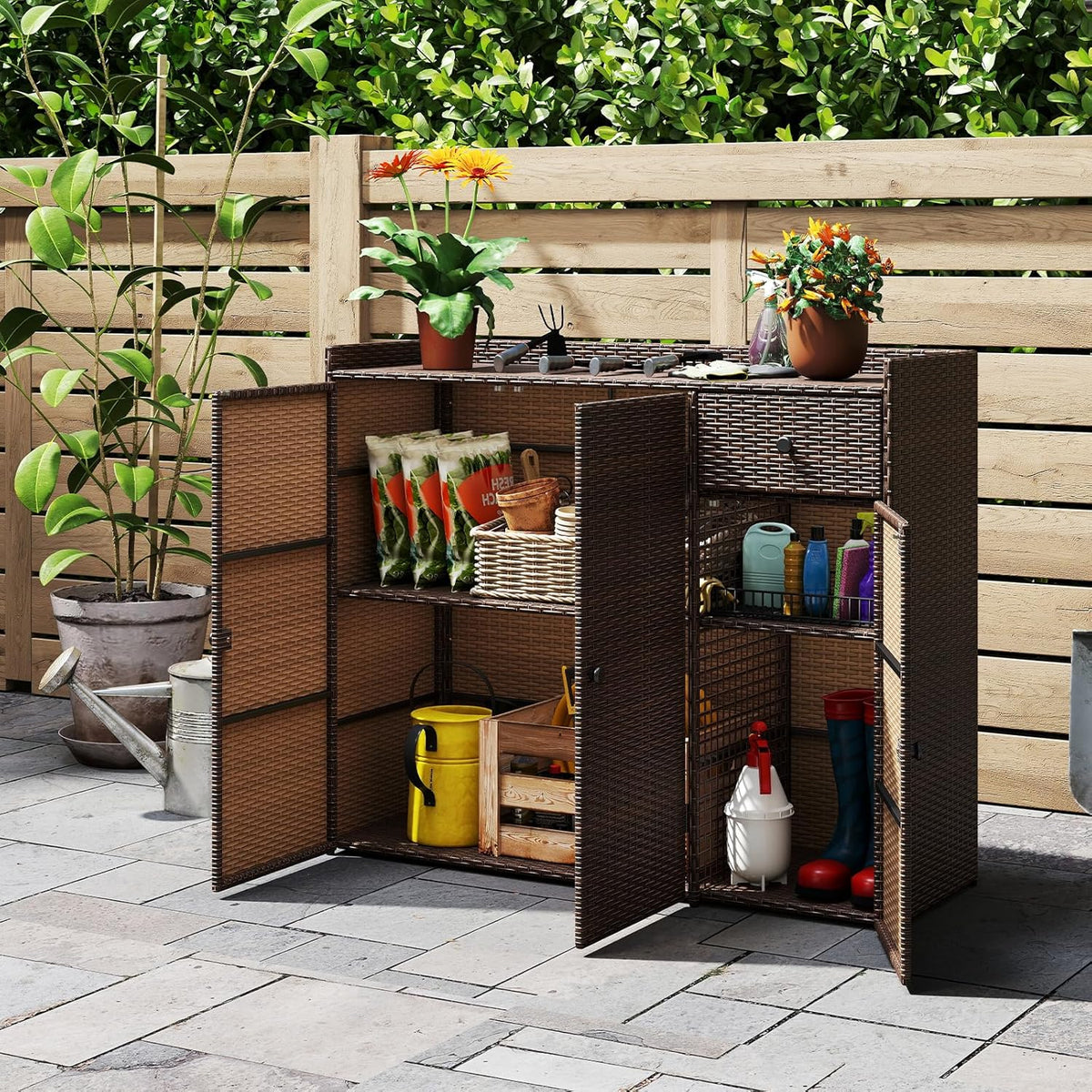 Tangkula Rattan Outdoor Storage Cabinet, Patiojoy Outdoor Cabinet with 4 Adjustable Shelves, 1 Drawer, 3 Doors, Patio Storage Deck Box Table for