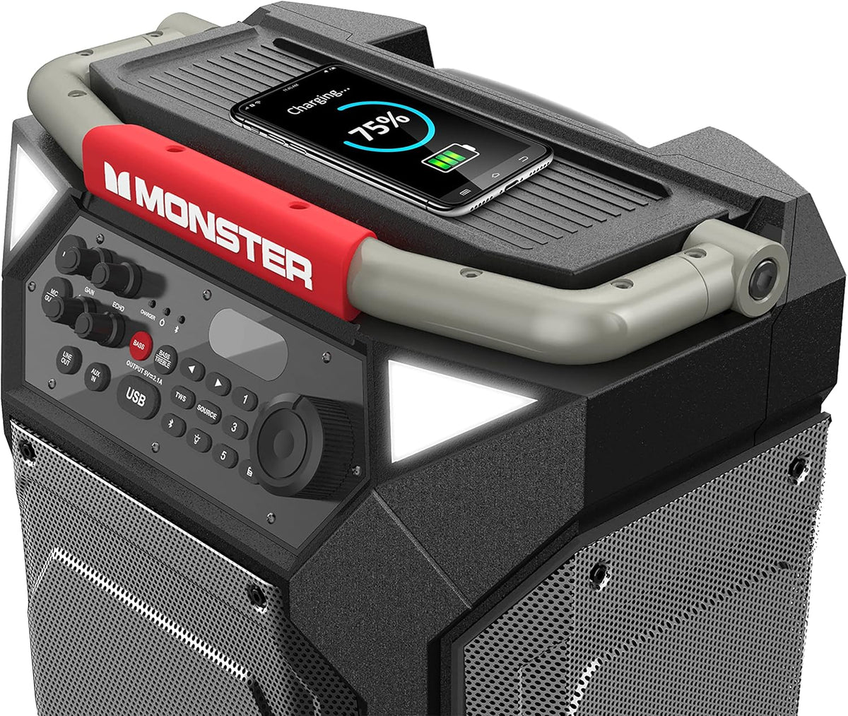 Monster Rockin' Roller 270 Portable Indoor/Outdoor Wireless Speaker, 200 Watts, Up to 100 Hours Playtime, IPX4 Water Resistant, Qi Charger, Connect