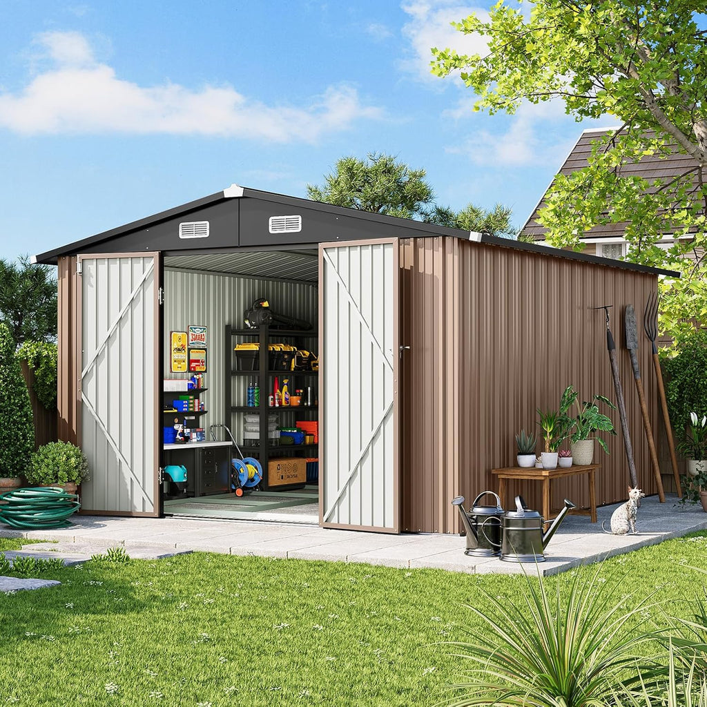 10x12 FT Outdoor Storage Shed with Floor Foundation & Lockable Double Doors, Heavy-Duty Galvanized Steel Outdoor Metal Shed for Bike, Tool Storage in
