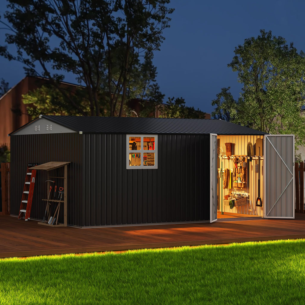 Polar Aurora 12x14 FT Outdoor Storage Shed, Garden Shed with Updated Frame Structure and Lockable Doors, Metal Tool Sheds for Backyard Garden Patio