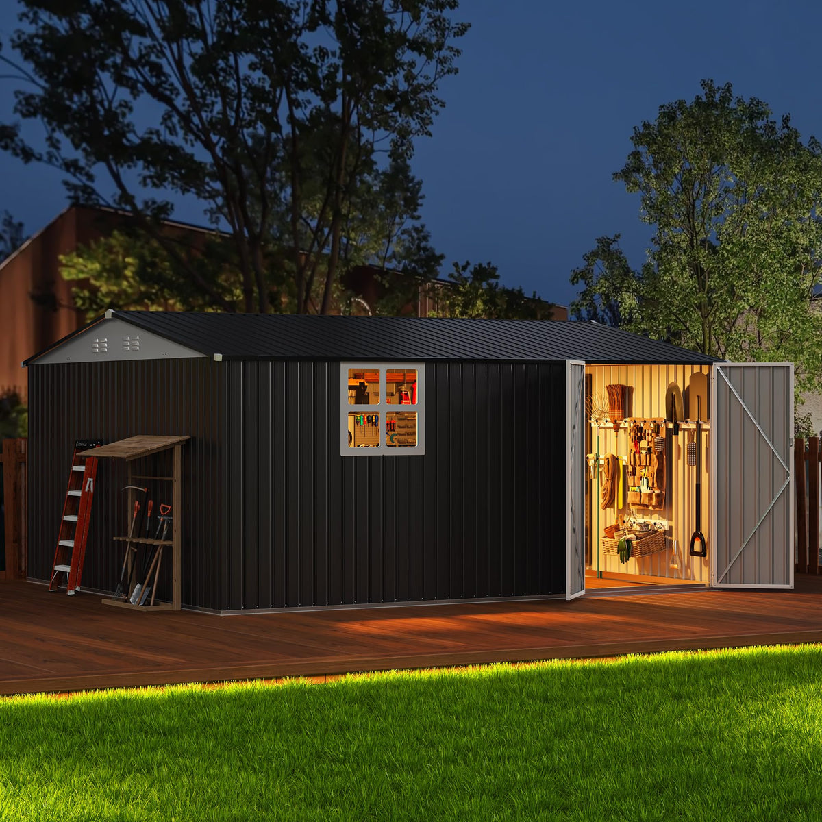 Polar Aurora 12x14 FT Outdoor Storage Shed, Garden Shed with Updated Frame Structure and Lockable Doors, Metal Tool Sheds for Backyard Garden Patio