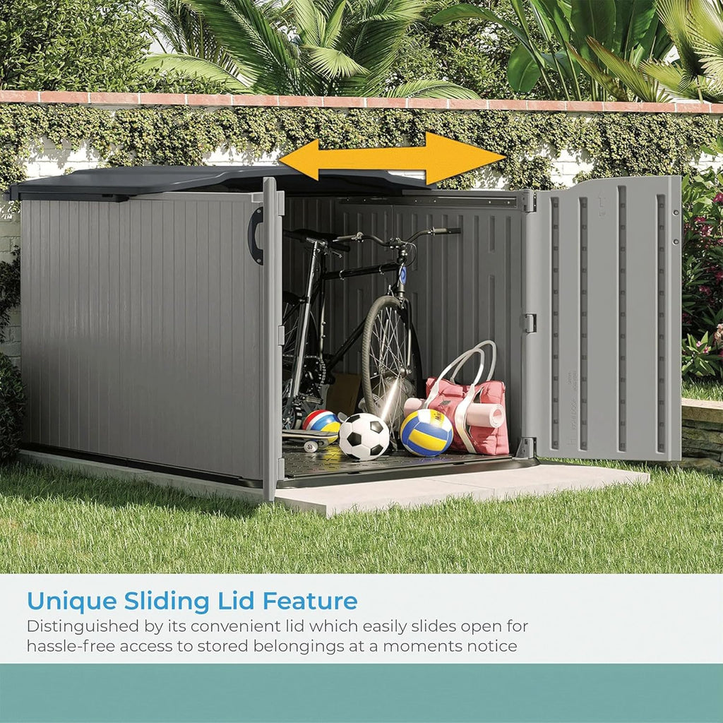Suncast 138 Cu Ft Horizontal Outdoor Storage Shed, 57.5"x79.75"x52" Glidetop Outdoor Shed with Sliding Lid, Plastic Resin Storage Sheds with Floor
