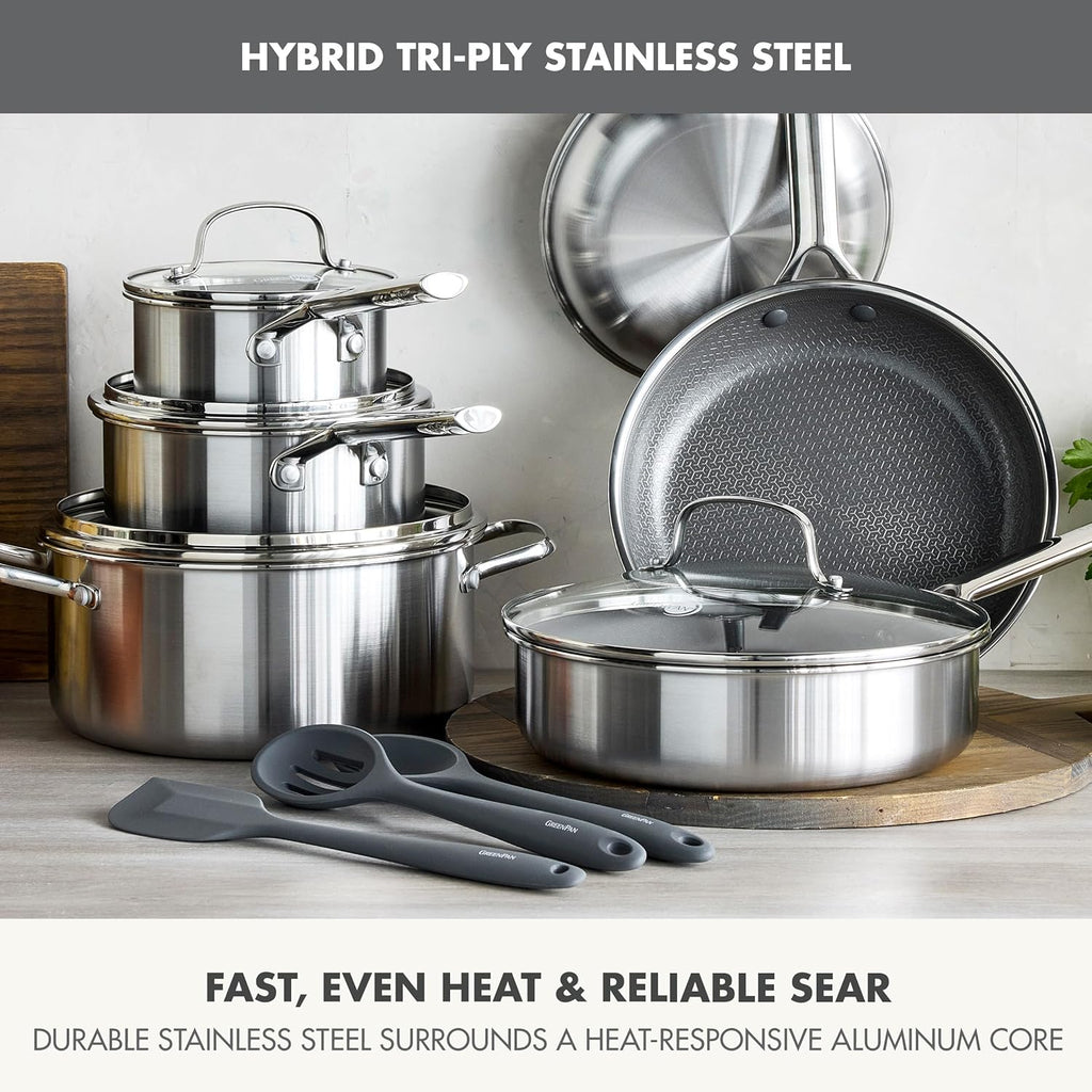 GreenPan Hybrid 13 Piece Nonstick Stainless Steel Cookware Set, APEX Tri-Ply Thermobond PFAS-Free Ceramic Pots & Pans, Induction & All Cooktop